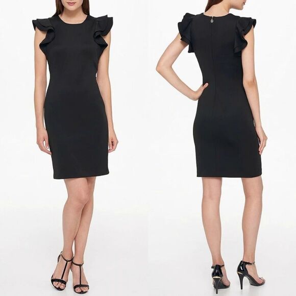 𝅺TOMMY Hilfiger Scuba Flutter Ruffle Cap Sleeve Black Sheath Dress 14 NWT - Picture 1 of 12